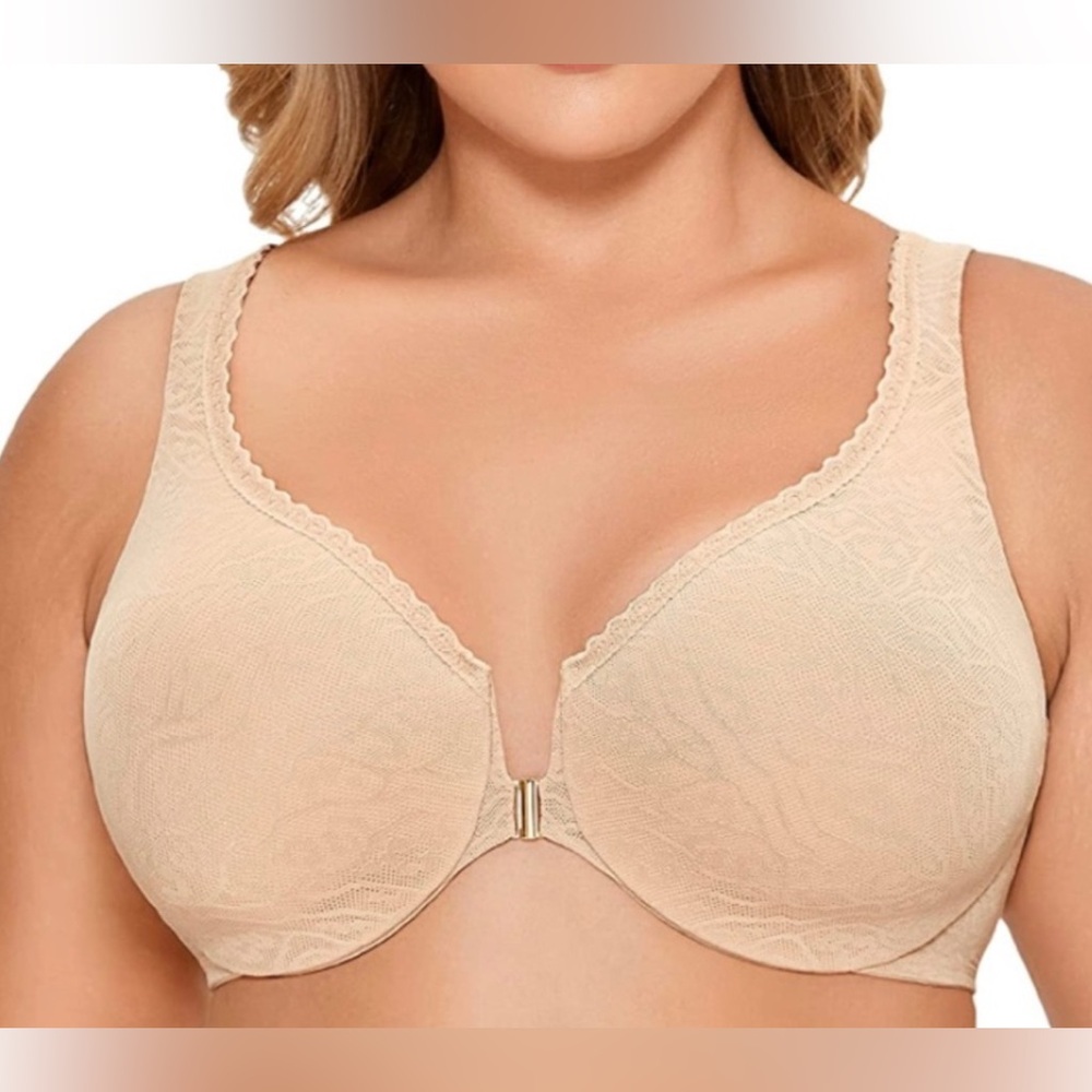 Delimira Unlined Lace Front Closure Full Coverage Underwire Bra